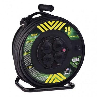 EMOS Venkovní prodlužovací kabel na bubnu 50 m / 4 zás. / černý / guma-neopren / 230V / 2,5 mm2